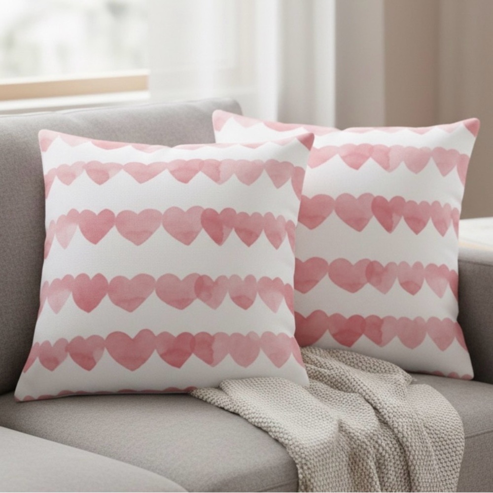 Minted Pink Heart Stripe Throw Pillow Covers Set of 2 20x20 White Pink